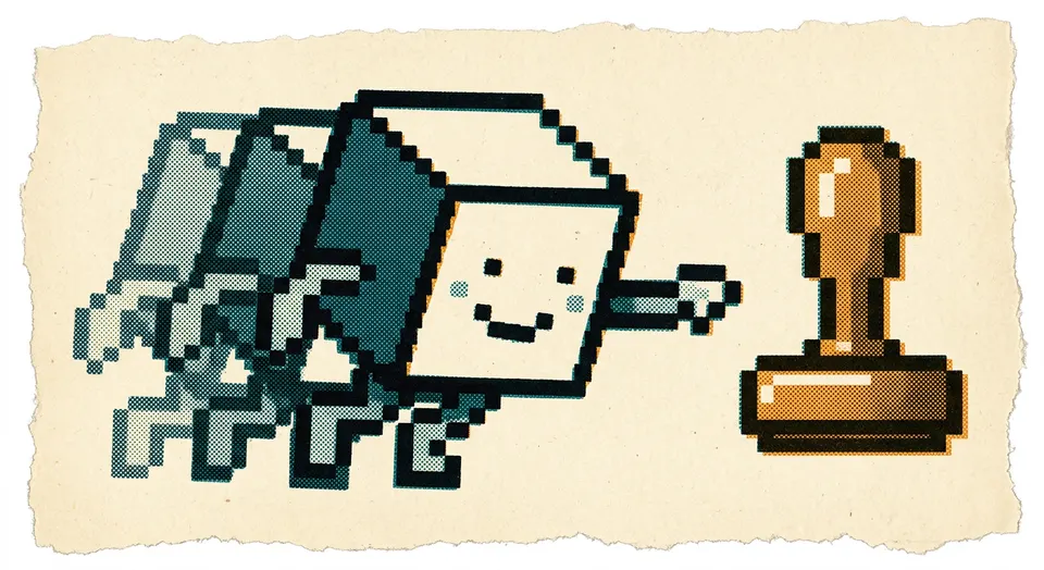 A pixel-art and riso-print illustration of a cube character casting three overlapping echo-shadows while reaching toward a still-closed wax-seal stamp.