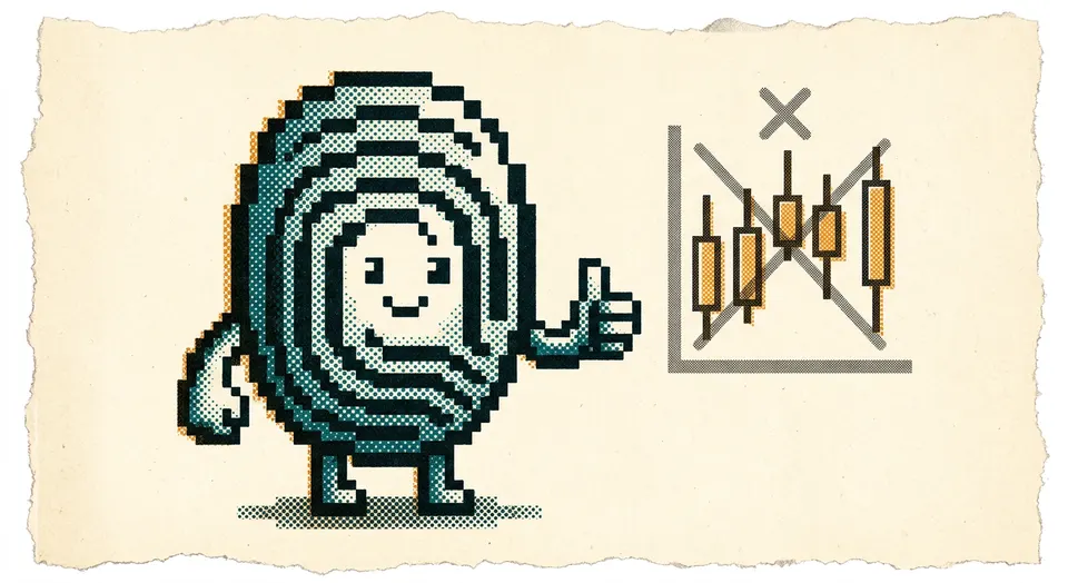 A pixel-art and riso-print illustration of a fingerprint character giving a thumbs-up beside a grayed-out, crossed-out chart icon.