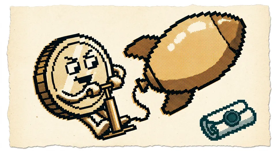 A pixel-art and riso-print illustration of a coin character pumping an oversized rocket-shaped balloon while ignoring a small sealed scroll.