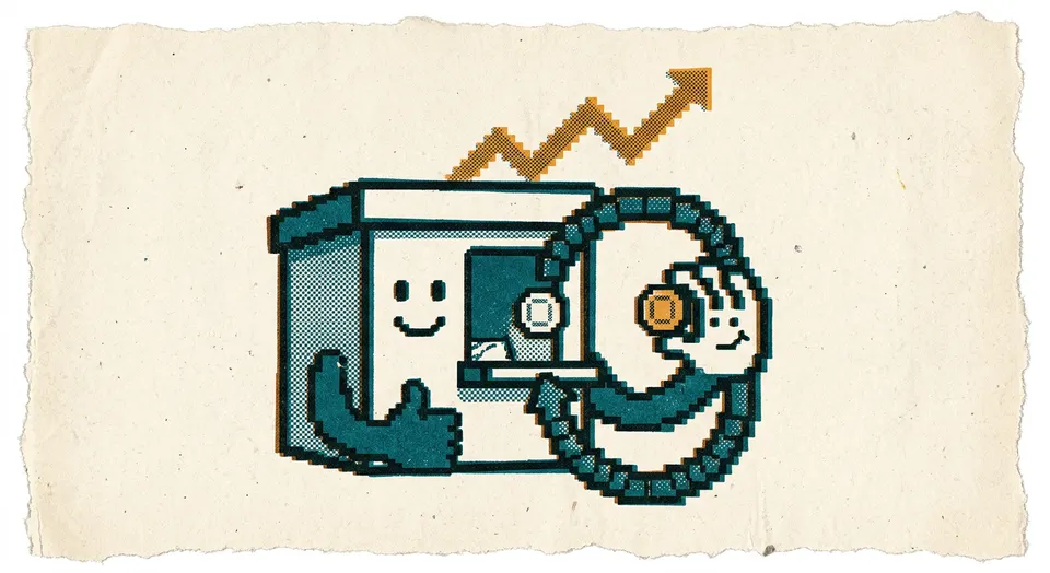 A pixel-art and riso-print illustration of a bank-teller-window character passing a coin back through its own window in a closed loop beneath a rising trend line.