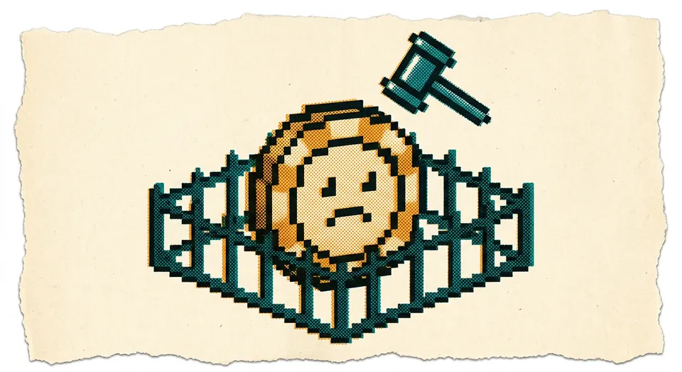 A pixel-art and riso-print illustration of a betting-chip character boxed in by a closing geofence outline with a gavel striking down above.