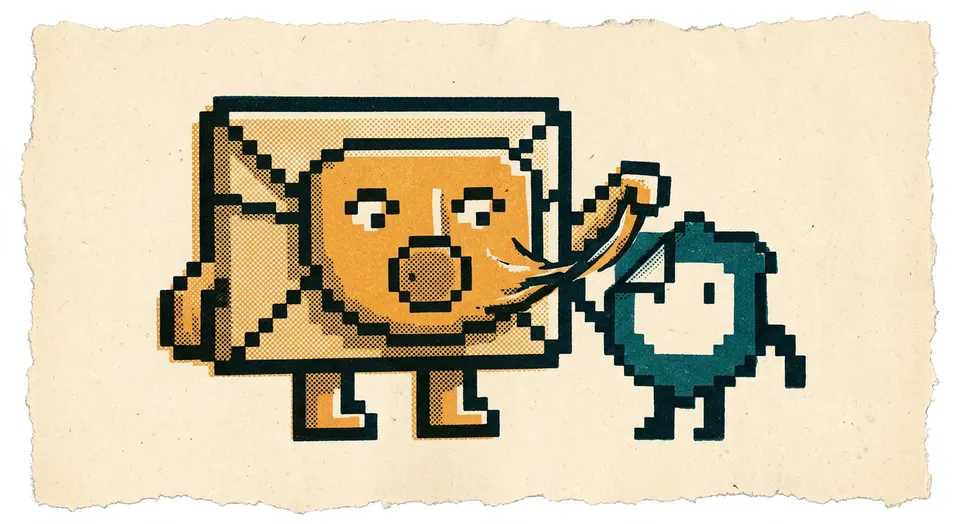 A pixel-art and riso-print illustration of an envelope character wearing a fake seal-mask disguise being peeled away by a badge-shaped character.