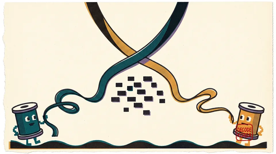 A pixel-art and riso-print illustration of two thread-spool characters releasing crossing teal and amber ribbons above small histogram-like echo tiles while standing on a choppy floor.