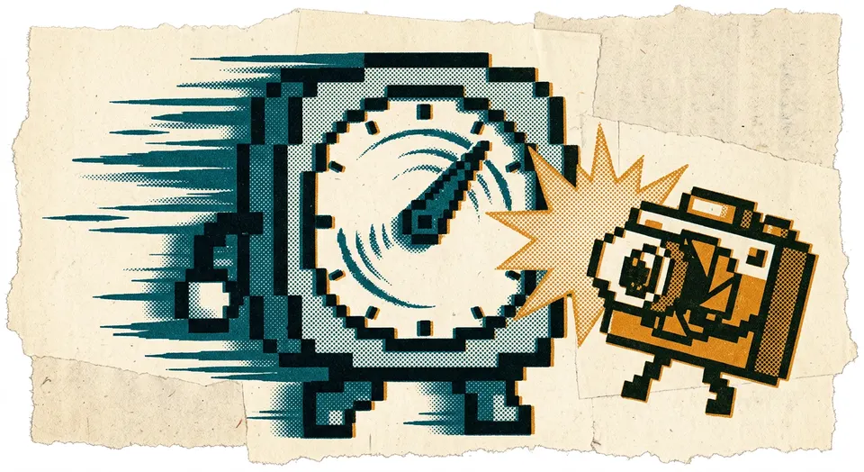 A pixel-art and riso-print illustration of a spinning-dial character with motion-blur streaks, its rapid needle frozen by a small camera-shutter character's flash.