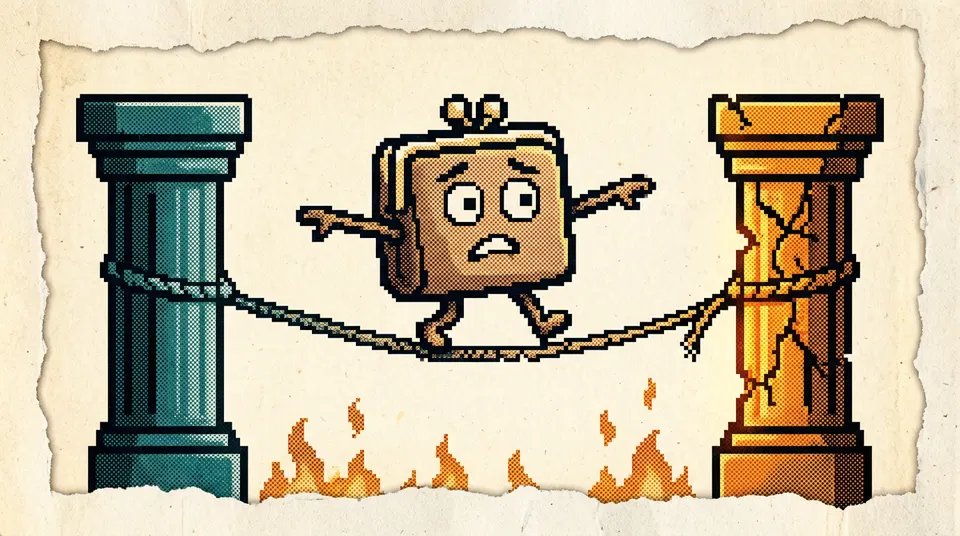 A pixel-art and riso-print illustration of a coin-purse character nervously walking a tightrope between two stone pillars above small flames.