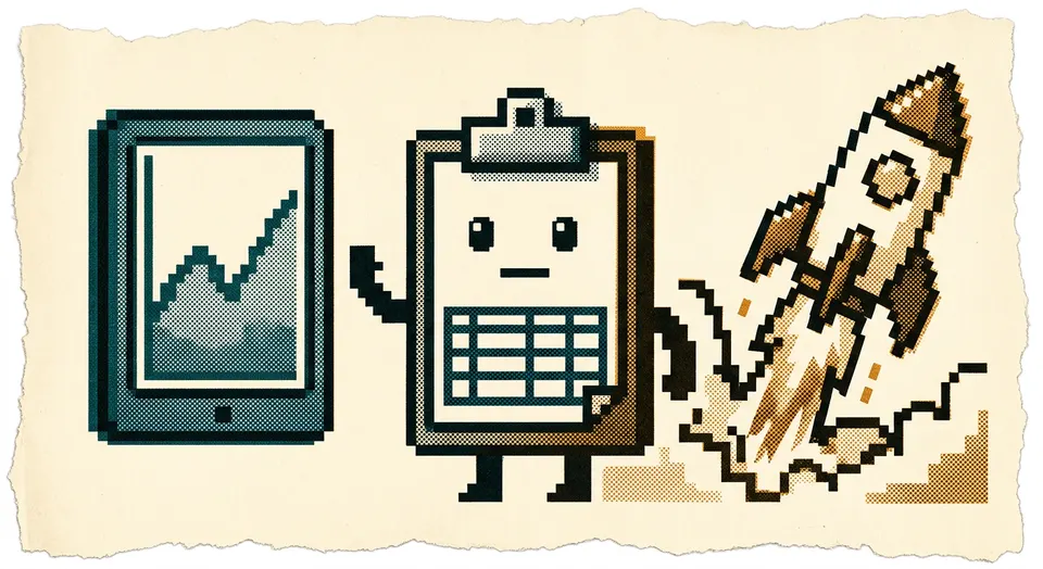 A pixel-art and riso-print illustration of a clipboard-and-ledger character favoring a calm price-line tablet over a chaotic blasting-off rocket.