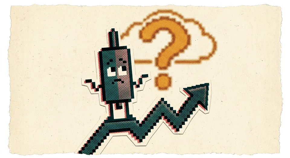 A pixel-art and riso-print illustration of a candlestick-bar character shrugging beneath a large fuzzy question-mark-shaped cloud.