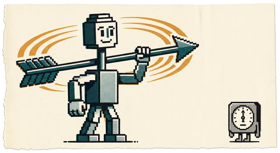 A pixel-art and riso-print illustration of a weather-vane character whose arrow has just swung to point the opposite way, with motion streaks behind it, beside a small barometer character whose needle has not moved.