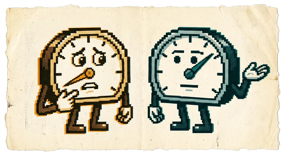 A pixel-art and riso-print illustration of two gauge-dial characters, one worried with a low needle reading and one calm with a higher needle reading, looking at each other quizzically.