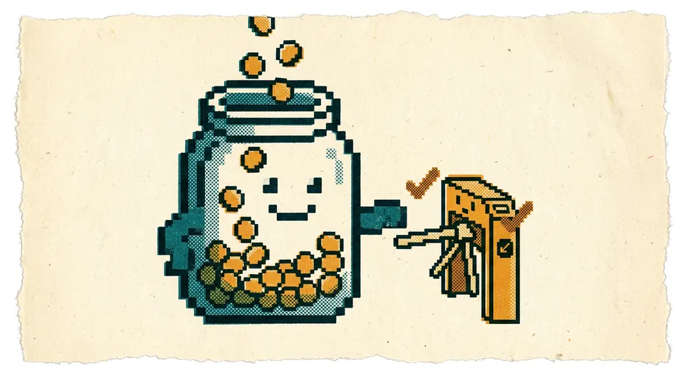 A pixel-art and riso-print illustration of a savings-jar character filling with coin droplets beside an open turnstile-gate character ready to swing shut.