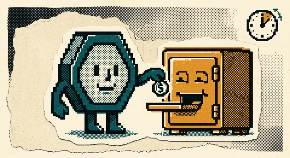 A pixel-art and riso-print illustration of a hexagonal confirmation-stamp character passing a coin into an open vault-door character beneath a ticking block-height counter.