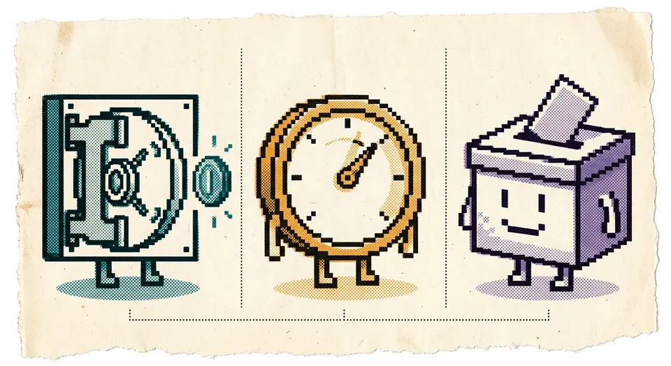 A pixel-art and riso-print illustration of three separate scenes side by side: a vault door releasing a coin, a gauge needle drifting between two marks, and a ballot box, connected only by a faint dotted line.