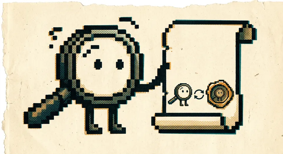 A pixel-art and riso-print illustration of a magnifying-glass character confused by its own reflection sealed onto the document it is meant to verify.