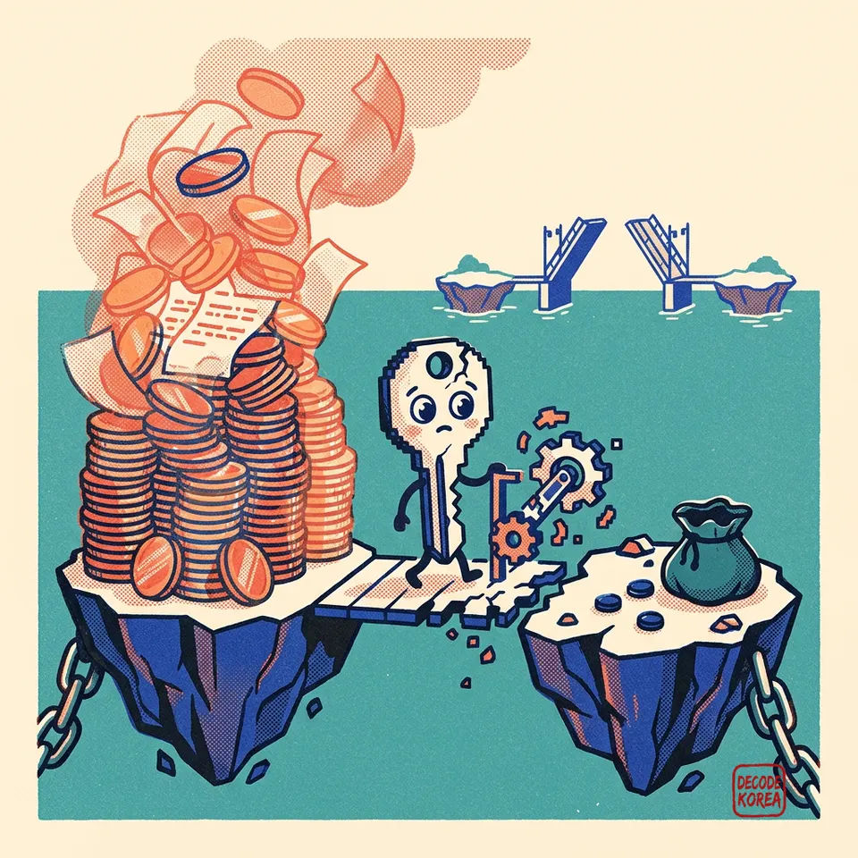 A pixel-art and riso-print illustration of a cracked bridge-control key between two chain islands, with an enormous stack of token discs on one side and a much smaller pouch on the other.