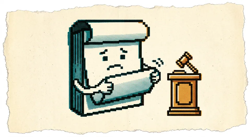 A pixel-art and riso-print illustration of a calendar-page character folding itself shut beside an idle, unused podium-and-gavel icon.