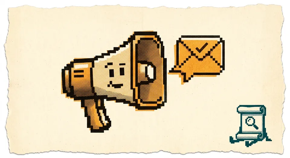 A pixel-art and riso-print illustration of a megaphone character broadcasting a checkmark-sealed speech bubble while an unopened scroll character waits at a distance.