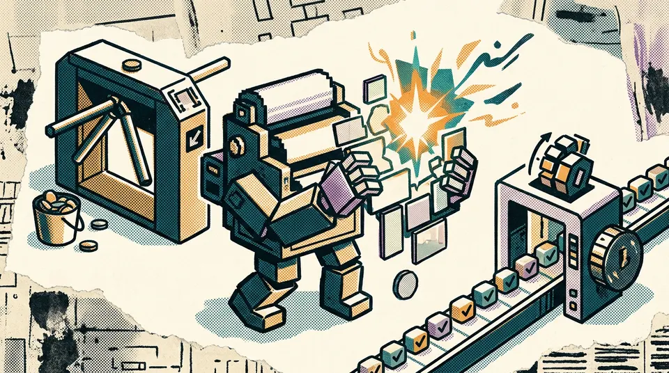 A pixel-art and riso-print illustration of a printing-press character assembling blank tiles into an idea spark between a closing coin turnstile and a separate verification gate.