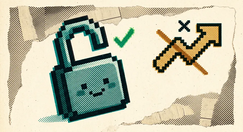 A pixel-art and riso-print illustration of a padlock character popping open with relief, next to a crossed-out trend-arrow icon.